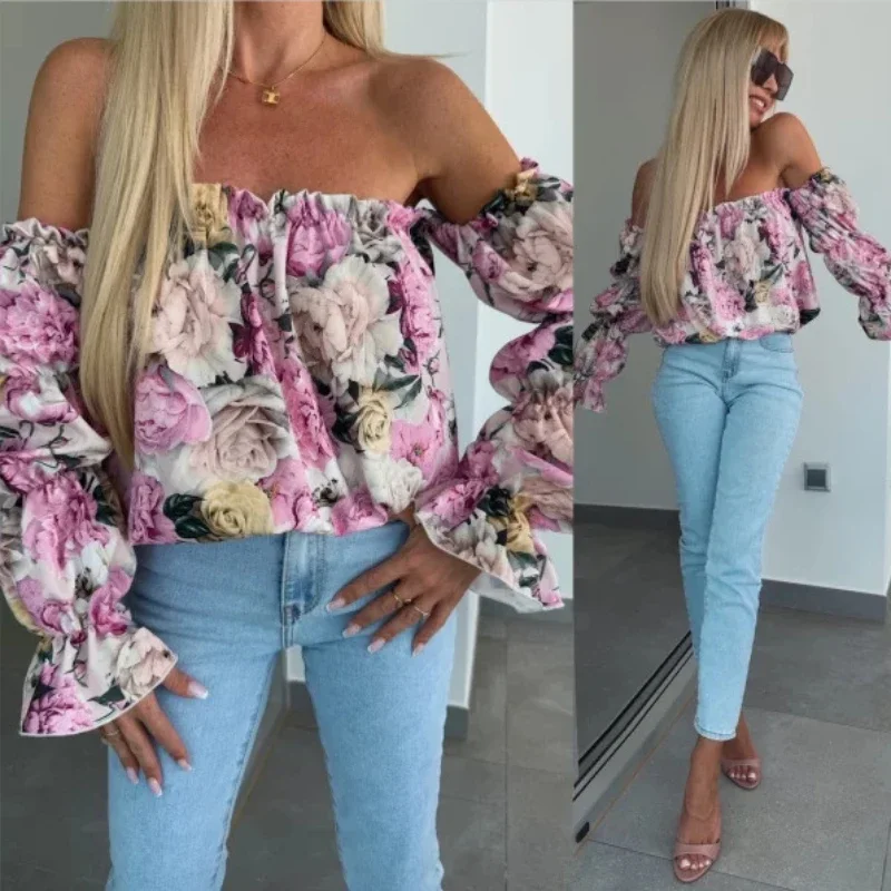Floral Print Sexy Off-Shoulder Shirts Women Elegant Fashion Pleated Beach Summer Blouses For Women Slash Neck Ruffles Tops