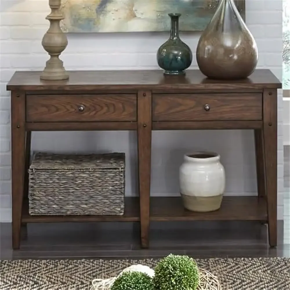 Rustic Brown Oak Sofa Table with Appealing Planked Tops & Tapered Legs Veneered Shelves Antique Brass Hardware Multi-Step Finish