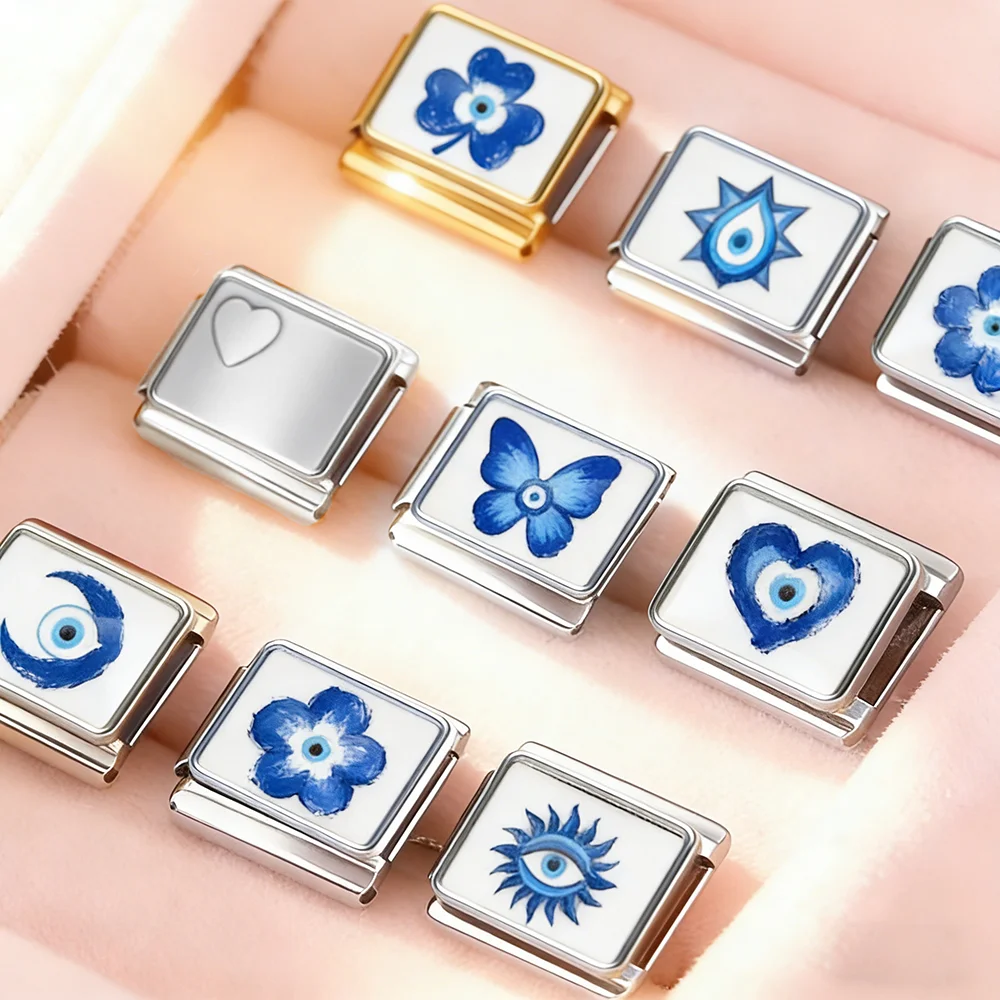 9mm Italian Stainless Steel Bracelet Link Original Design Devil's Eye Moon Butterfly Water Drop Flame Making Charm Jewelry DIY