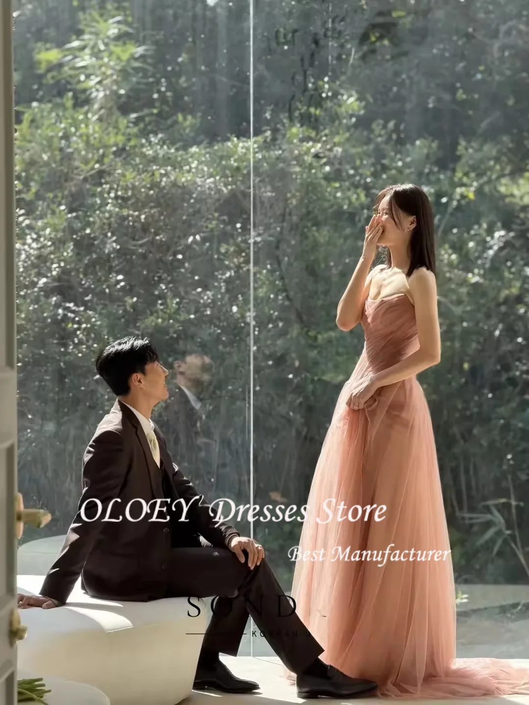 فساتين حفلات الزفاف الكورية الأنيقة من OLOEY كراميل للعروس مخصصة على شكل حرف A بدون حمالات من التل فساتين سهرة ثوب زفاف ذاتي