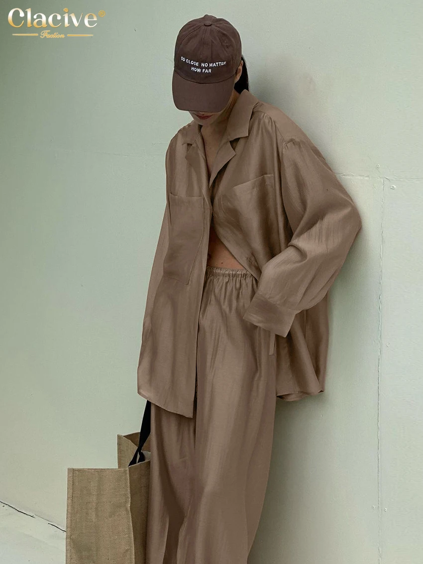 Clacive Fashion Loose Brown 2 Piece Sets Women Outfit 2024 Elegant Long Sleeve Shirt With High Waist Wide Pants Set Female