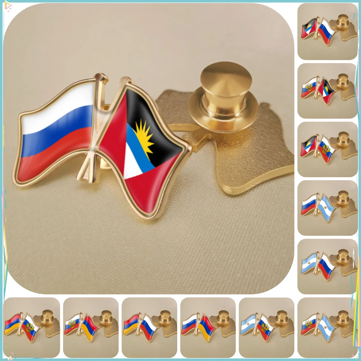 Russian Federation and Argentina Armenia Antigua and Barbuda Double Crossed Friendship Flags Brooches Lapel Pins Badges