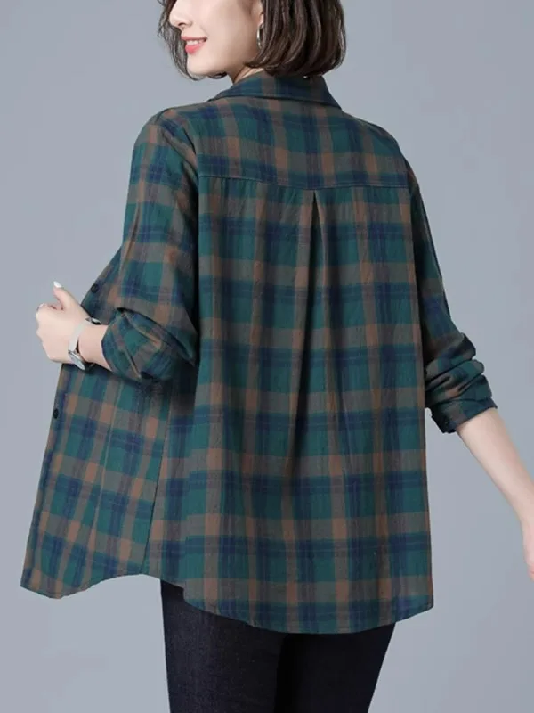 

Faionable Plaid Pure Cotton irt for Middle-Aged Mothers Spring Autumn New Sle Casual Loose Fit Women's Top Coat