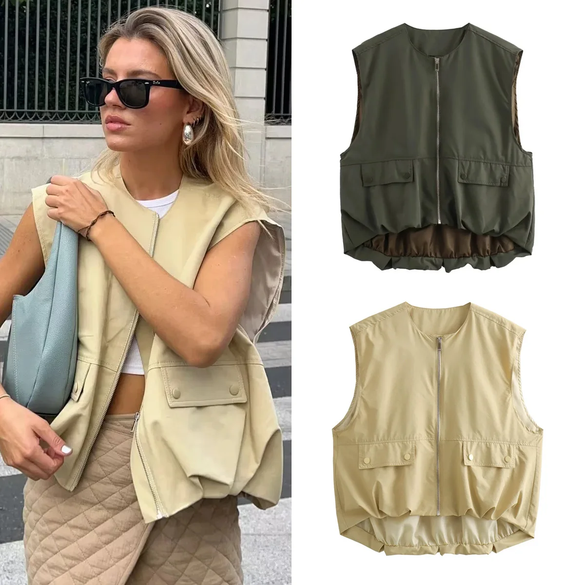 

Women's Fashion Sleeveless Ruched Loose Waistcoat Zipper Pocket Vest Coats New Female Chic Pleat Spring Autumn Tops Streetwear