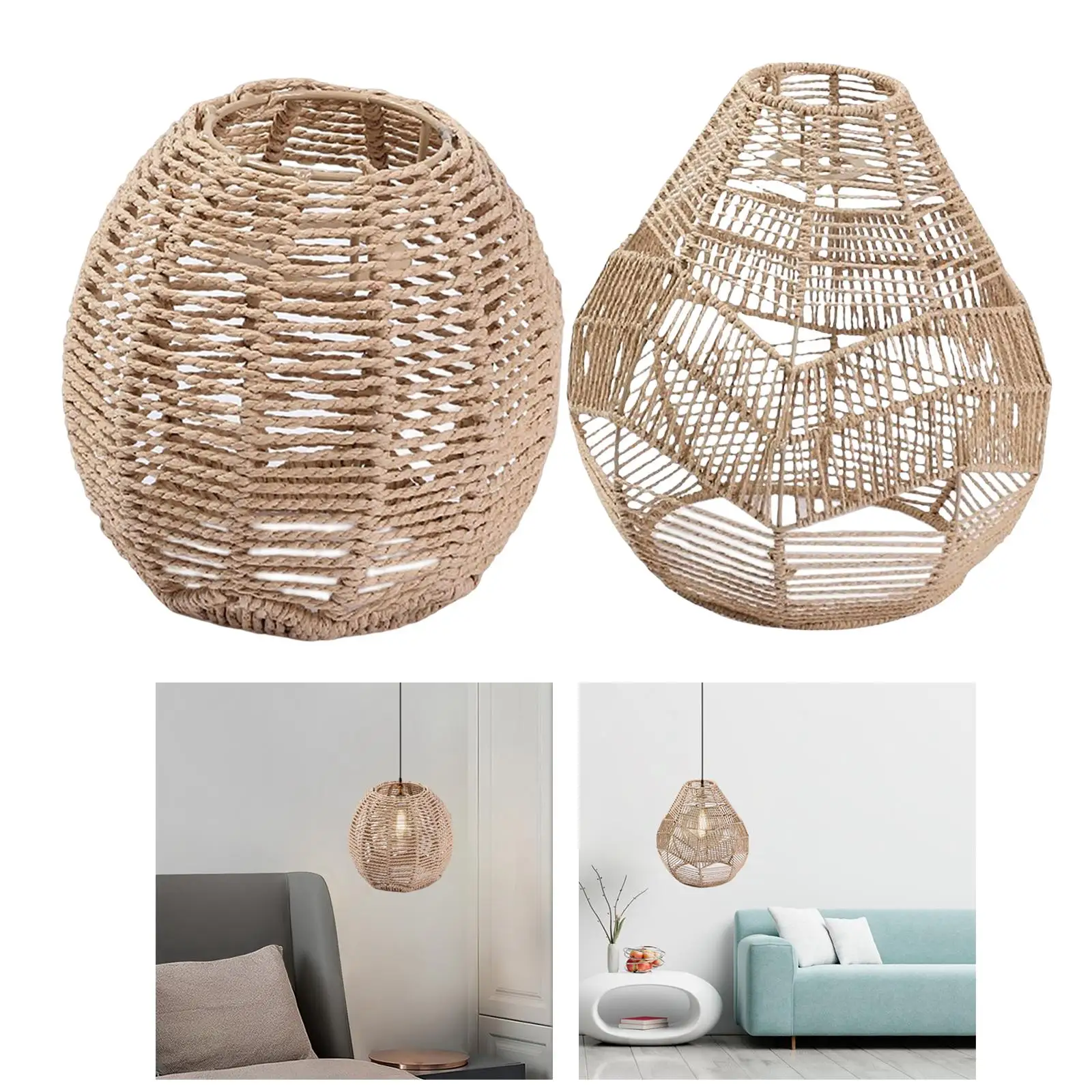 2x Pendant Lamp Shade Woven Hanging Rope Rattan Lampshade Ceiling Lamp Shade for Living