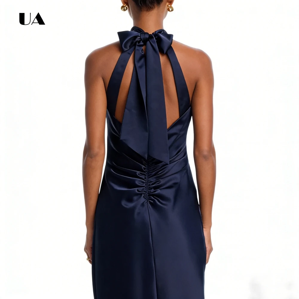

ULBYANRY Customized Satin A-line Prom Dress with Tied Halterneck Simple Solid Evening Dress for Woman Sexy Backless Party Dress