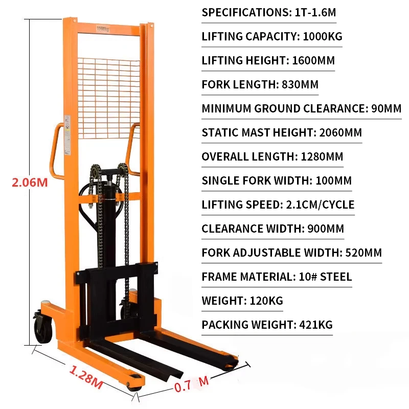 Manual Hydraulic Forklift 1-Ton 2-Ton Lift Truck Compact Loading/Unloading Handling Vehicle Hydraulic Cylinder Forkl(Customized)