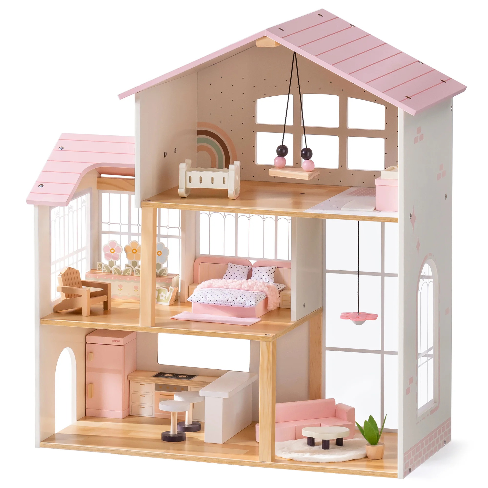 Robud Wooden Doll House, Dollhouse with 6 Open Rooms, 37 Pcs DIY Modular Doll House Furniture Accessories, Pretend Dollhouse Creative Gift for Girl Ages 3+ (Pink)