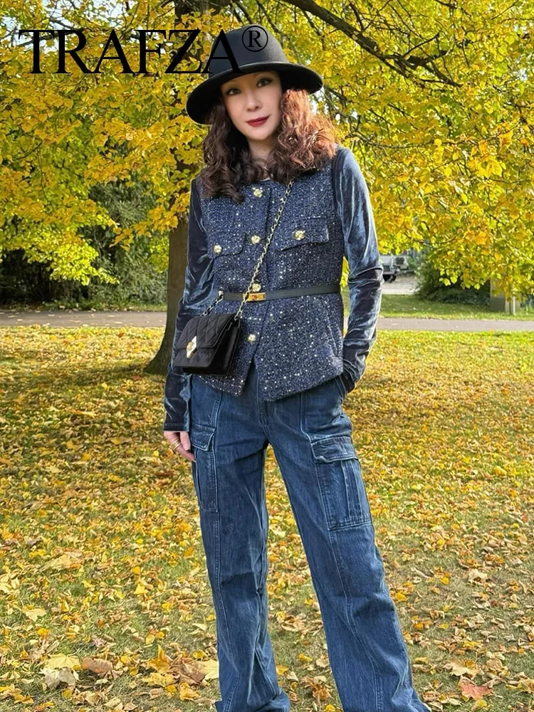 TRAFZA Frau Taste Taschen Dekoration Beiläufige Dünne Weste Chic Top Frauen Mode Oansatz Ärmellose Textur Blau Weste Tops