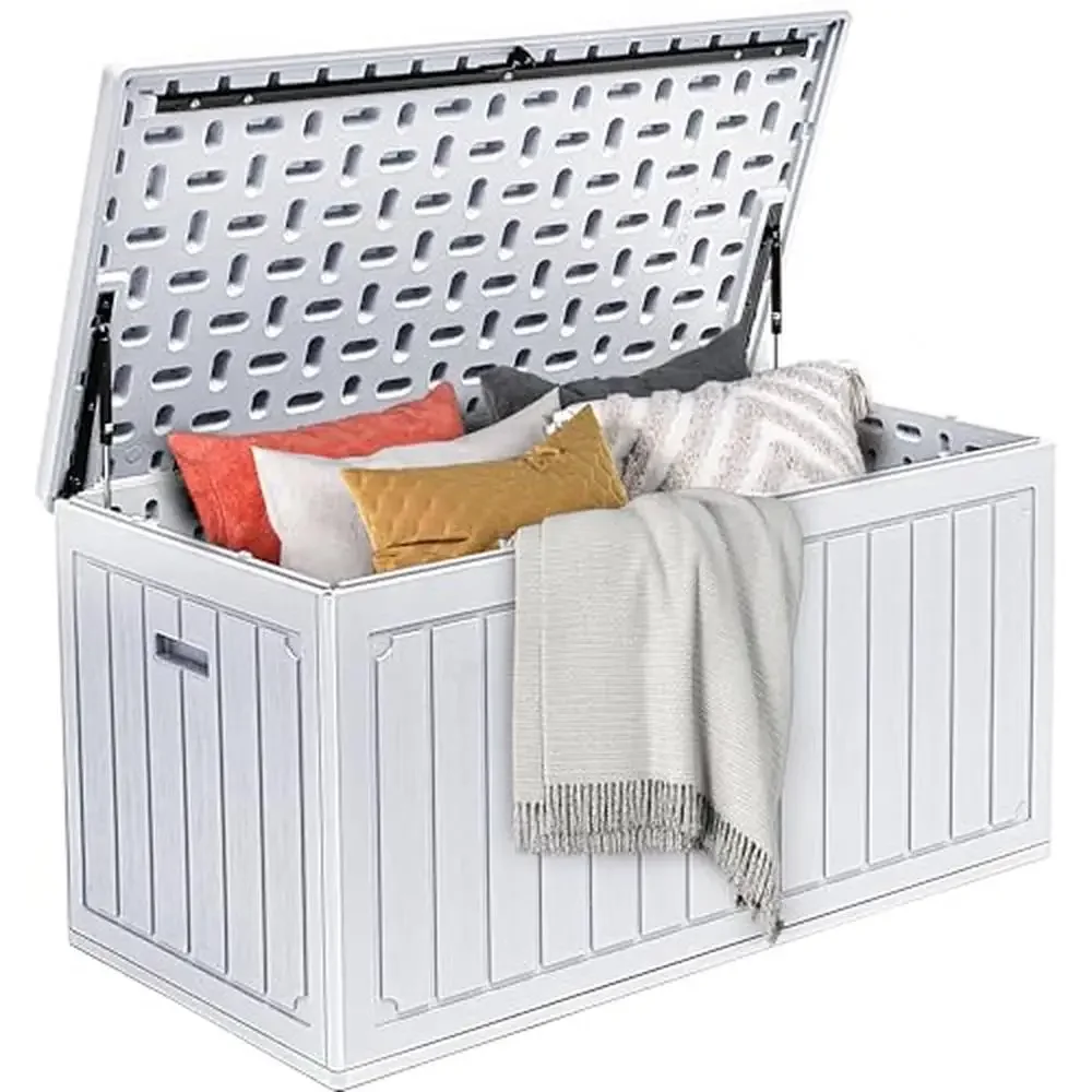 

Weather-Resistant Double-Wall Deck Box Large Outdoor Storage Lockable 90 Gallon Waterproof Resin Bench Seating Grayish-White Eas