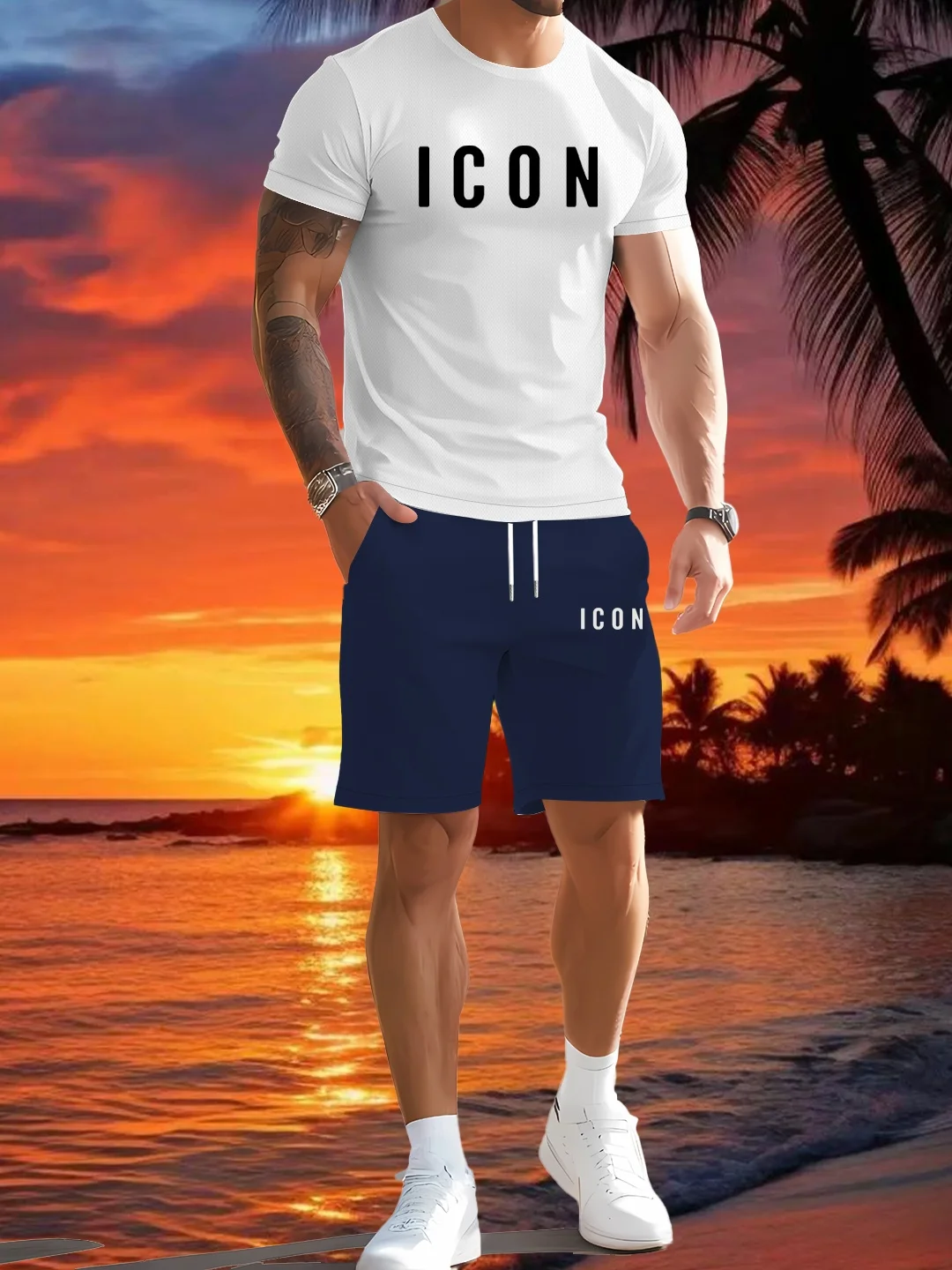 

Young men's fashionable casual sports two-piece set, including a printed summer short-sleeved T-shirt and shorts