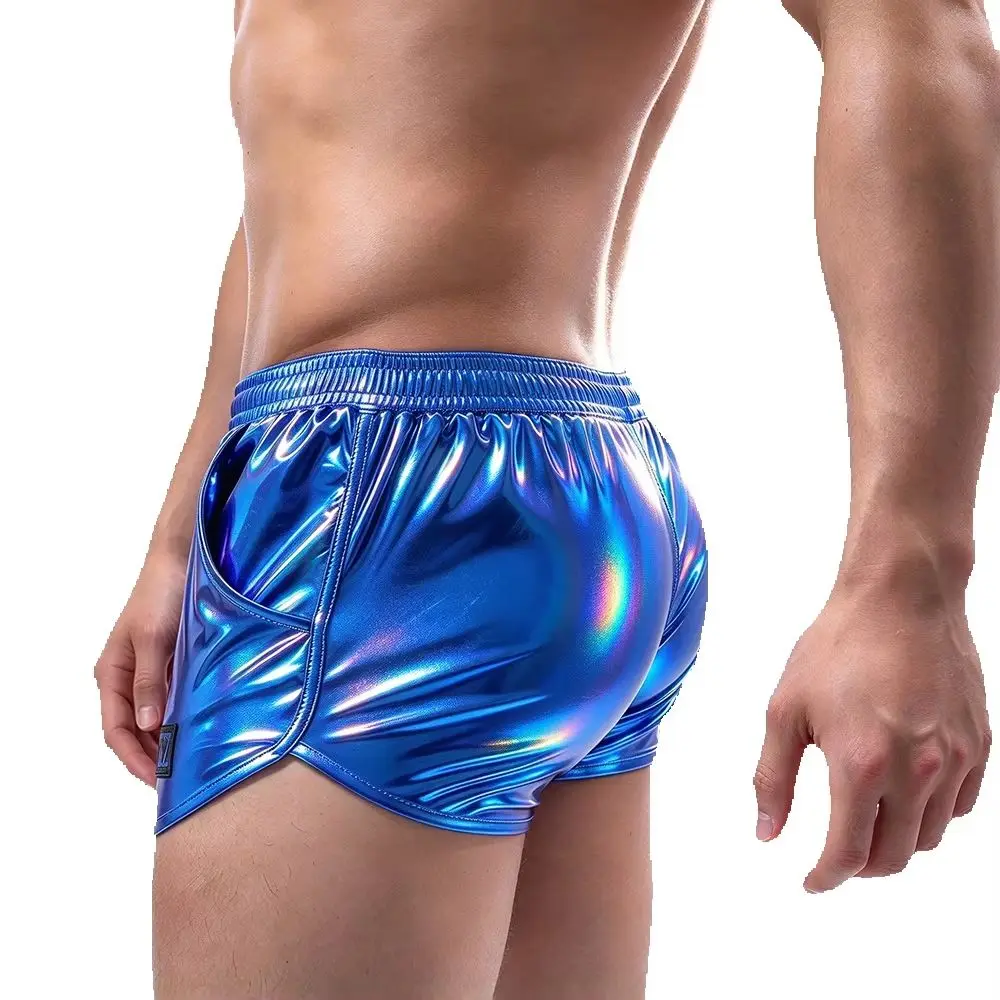 Men's Shiny PU Leather Boxer Trunks Glossy Metallic Elastic Waist Shorts for Club Party Stage Performance