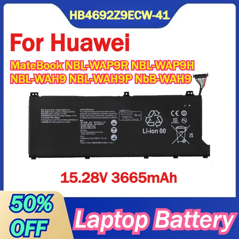 

HB4692Z9ECW-41 15.28V 3665mAh Battery For Huawei MateBook NBL-WAP9R NBL-WAP9H NBL-WAH9 NBL-WAH9P NbB-WAH9 NbB-WAE9P NBL-WAQ9R