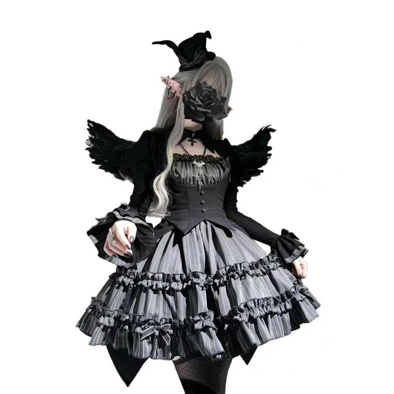 QICHE Women 2026 Halloween Dark‑Style Two‑Piece Set Faux‑Two‑Piece Flare‑Sleeve Top & Short Skirt Gothic Girl Outfit