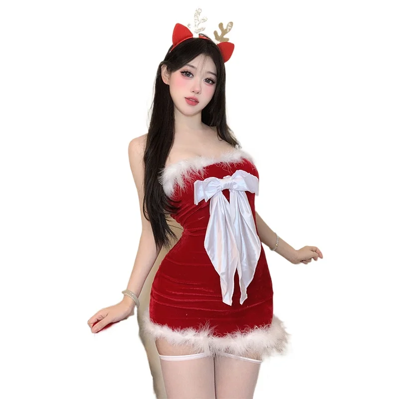 

Женское эротическое белье, сексуальная рождественская униформа для косплея, бархатное платье без бретелек с бантом для девочек, сексуальный пижамный комплект для пикантных девушек