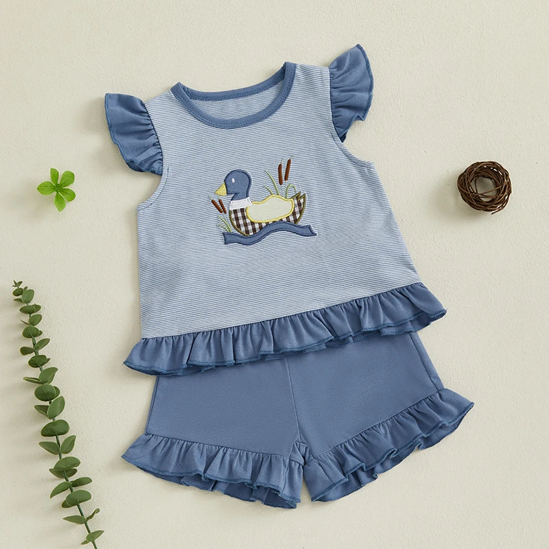 Adorable Infant Girl Outfit with Cute Bunny Applique Flutter Sleeve Top and Matching Ruffle Shorts for Summer Fun