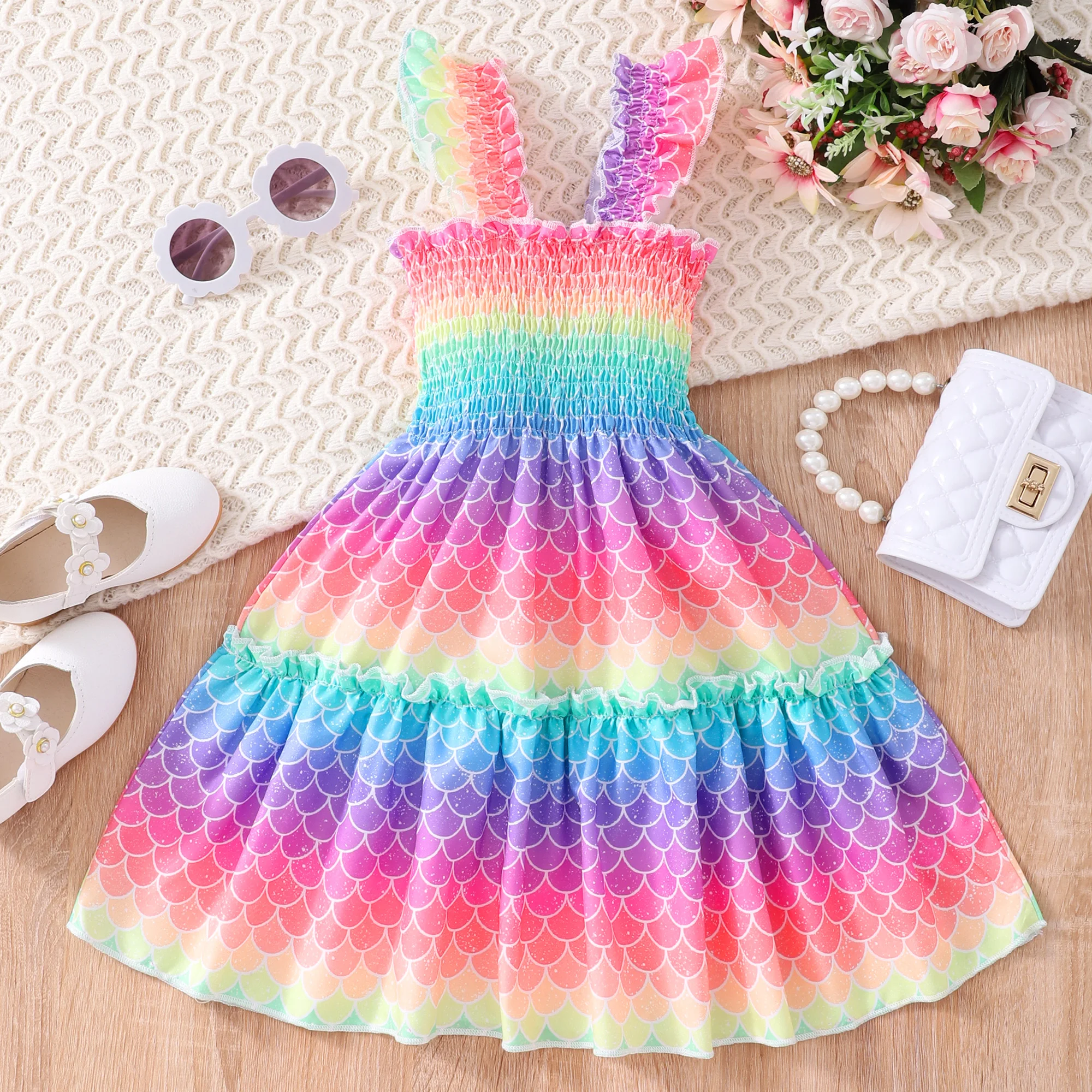 Summer Dress Kids Girls Clothes Cartoon Animal Mermaid Butterfly Rainbow Short Sleeve Cotton Ruffles Toddler Dresses 1-7 Years