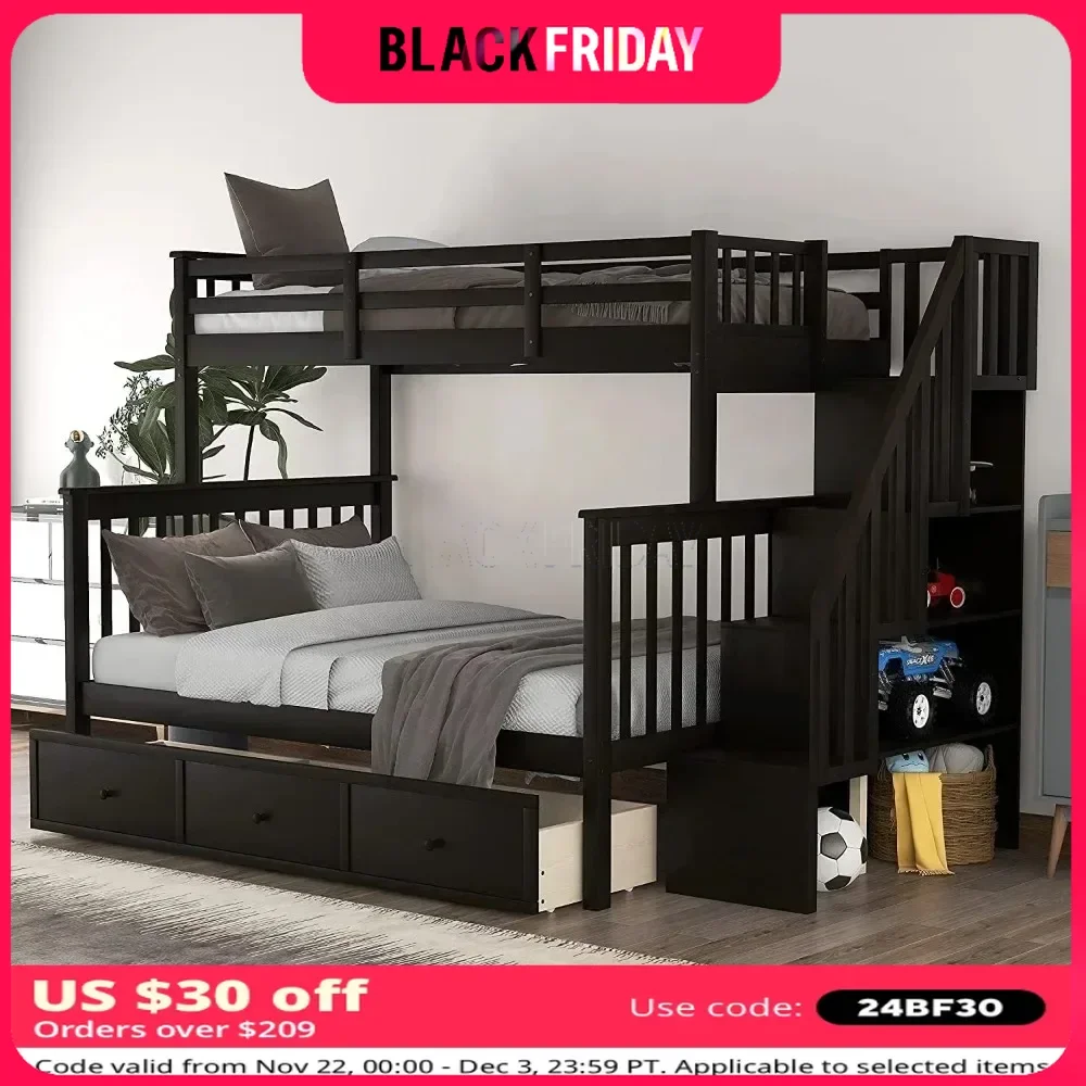 Bunk Bed ,with Stairs, with Storage Drawers and Shelves, No Box Spring Needed, Wood Bunk Bed Frame