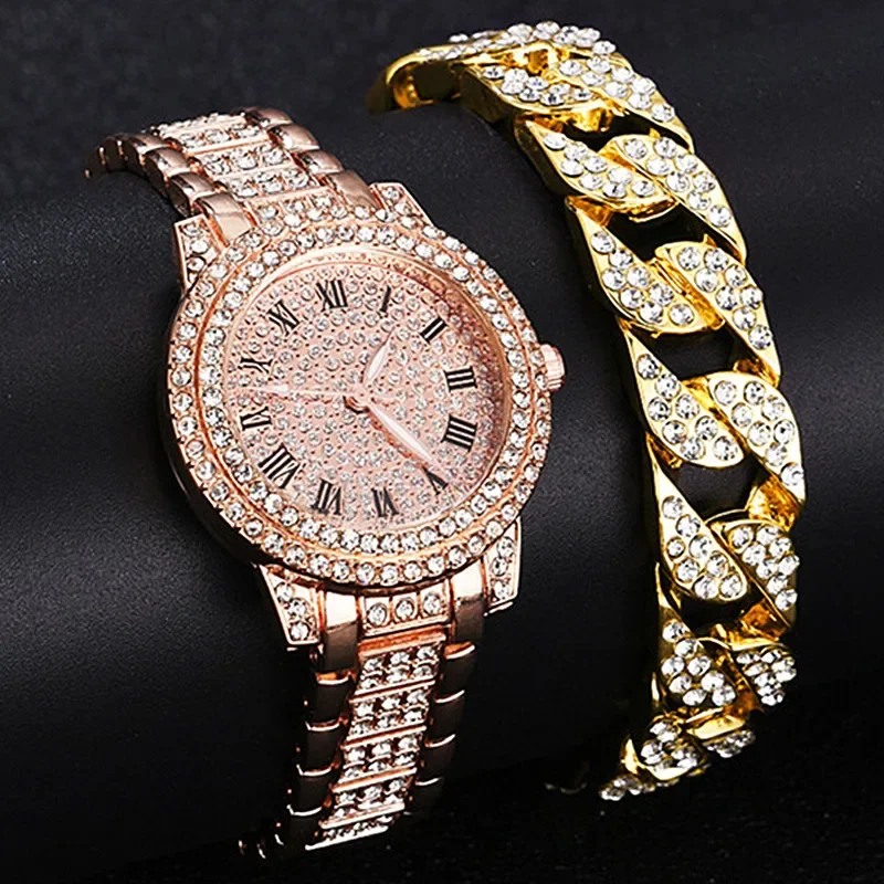 1/2pcs Luxury Women Diamond Watches Hip Hop Bracelet Ladies Quartz Watch Rose Gold Womens Wristwatch Shiny Crystal Reloj Mujer