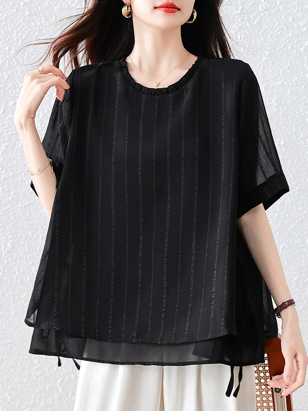 패셔너블한 안티에이징 루즈핏 플러스 사이즈 블라 티셔츠 여성용 여름 2025 캐주얼 라운드 넥 탑