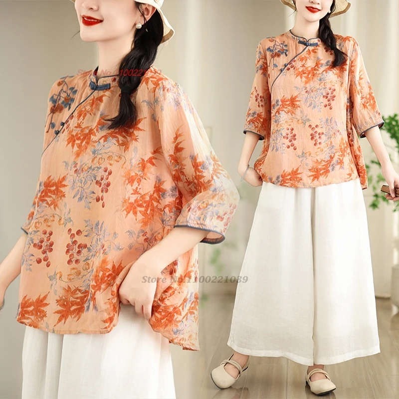 

2024 chinese vintage blouse national flower print improved qipao blouse oriental hanfu tops ethnic stand collar folk blouse