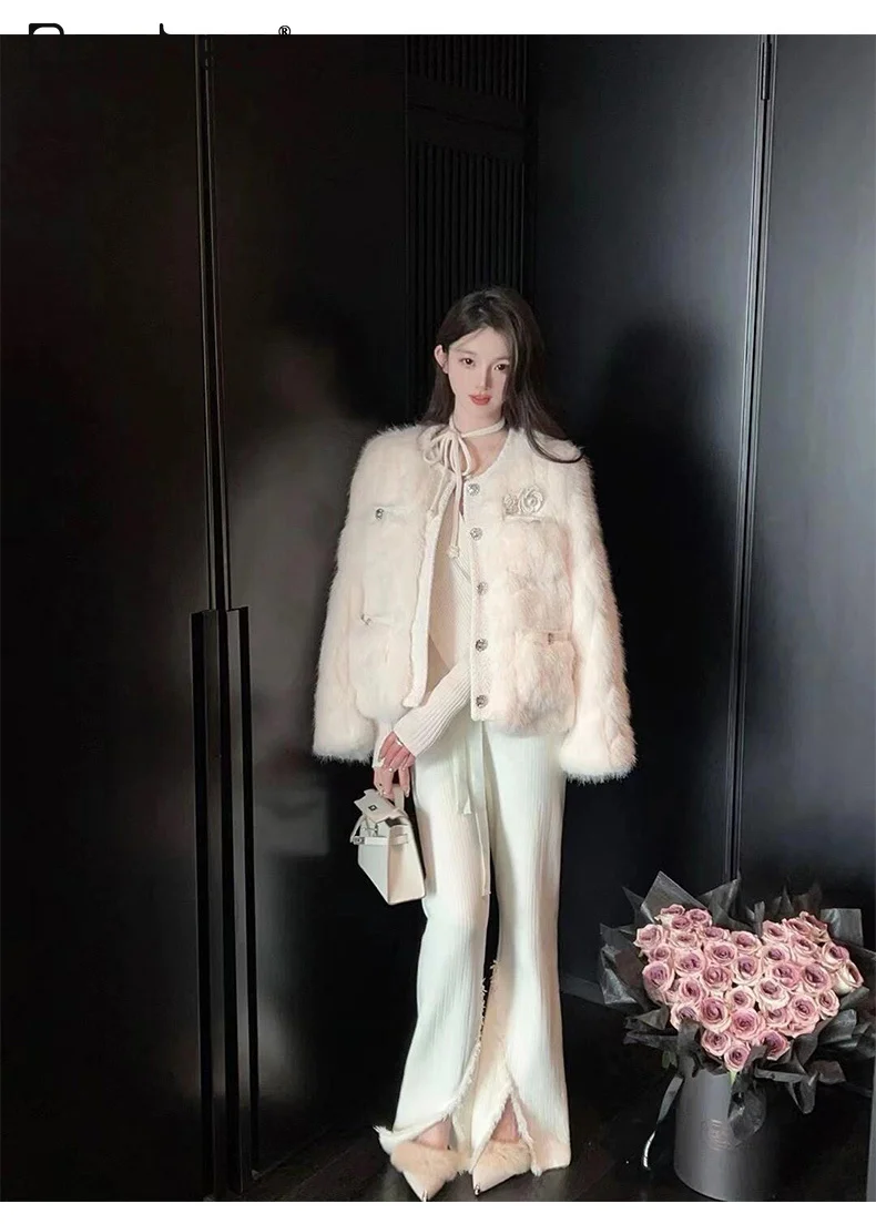 อารมณ์สง่างามเป็นมิตรกับสิ่งแวดล้อมขนสัตว์สั้นหวานรอบคอ Single-breasted Faux FUR หนา WARM Plush JACKET