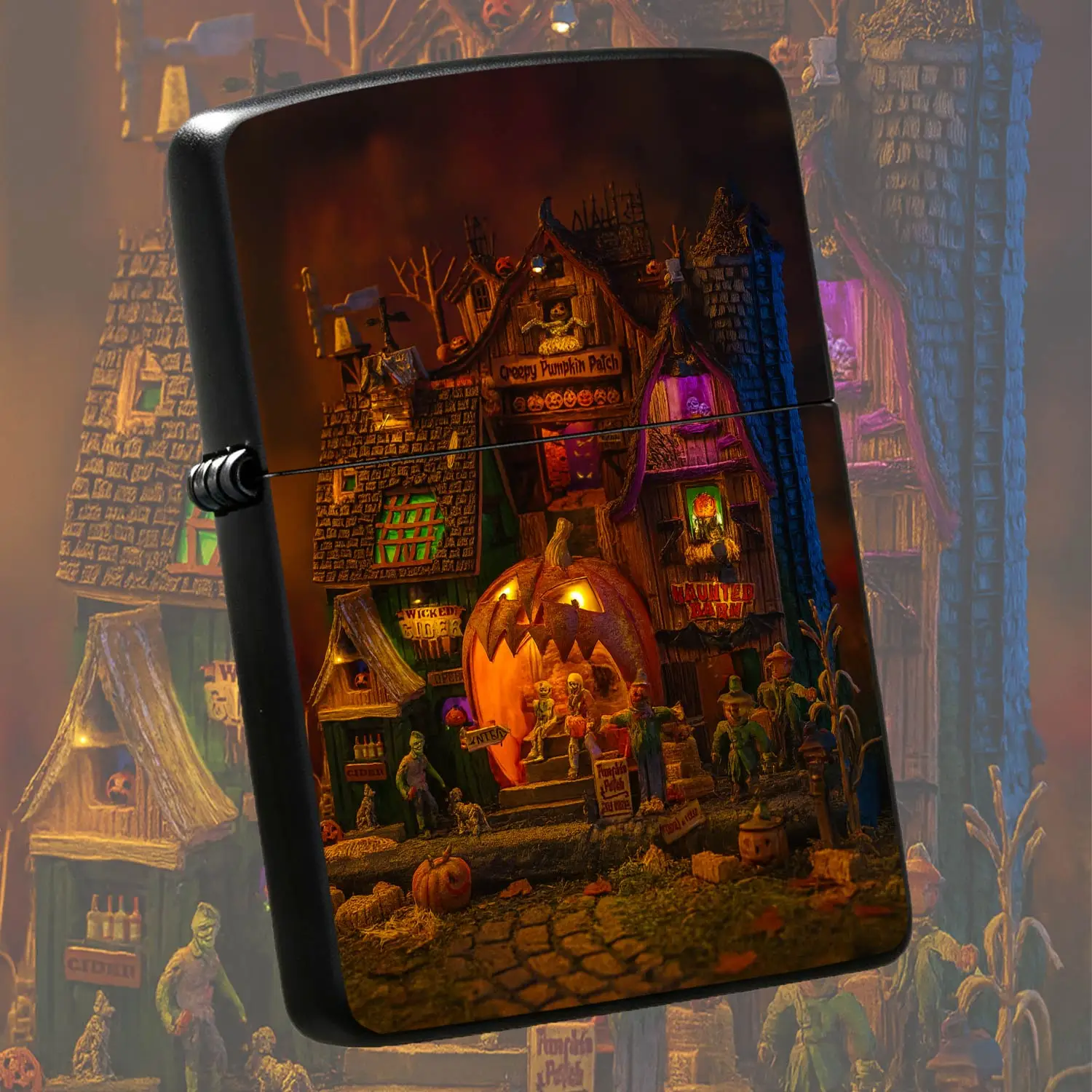 Halloween Themed Spooky Pumpkin Patch Haunted Barn Pattern Lightweight Ignition Tool, Creative Festive Spooky Atmosphere Accessory for Daily Use, Camping, Holiday Gifting and Themed Party Decor A Humorous And Interesting Lighter