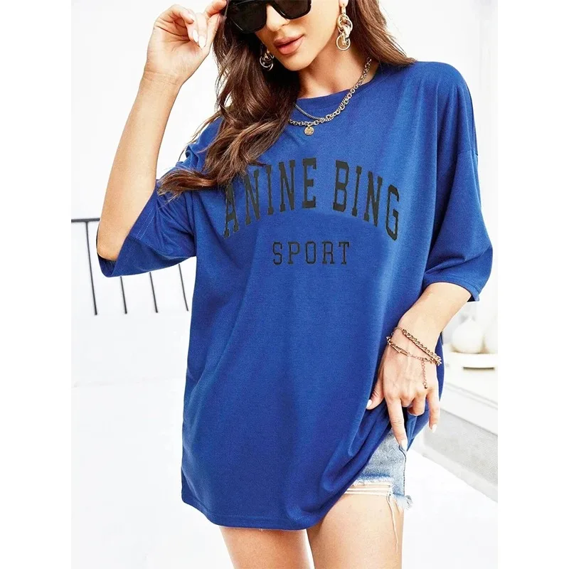 A Nine Bing Women\'s Letter Printed T-shirt Casual Round Neck Short Sleeved Women\'s Harajuku Cotton T-shirt Street Clothing Top