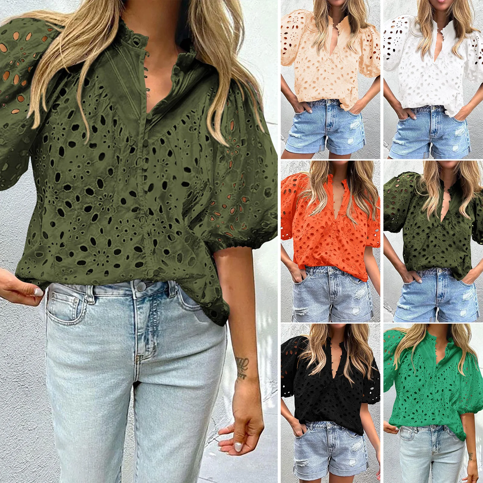 Women's Clothing Spring Summer Short Puff Sleeve Embroidered Shirt Hollow Out Solid Color Top Blouse Shirts Sexy