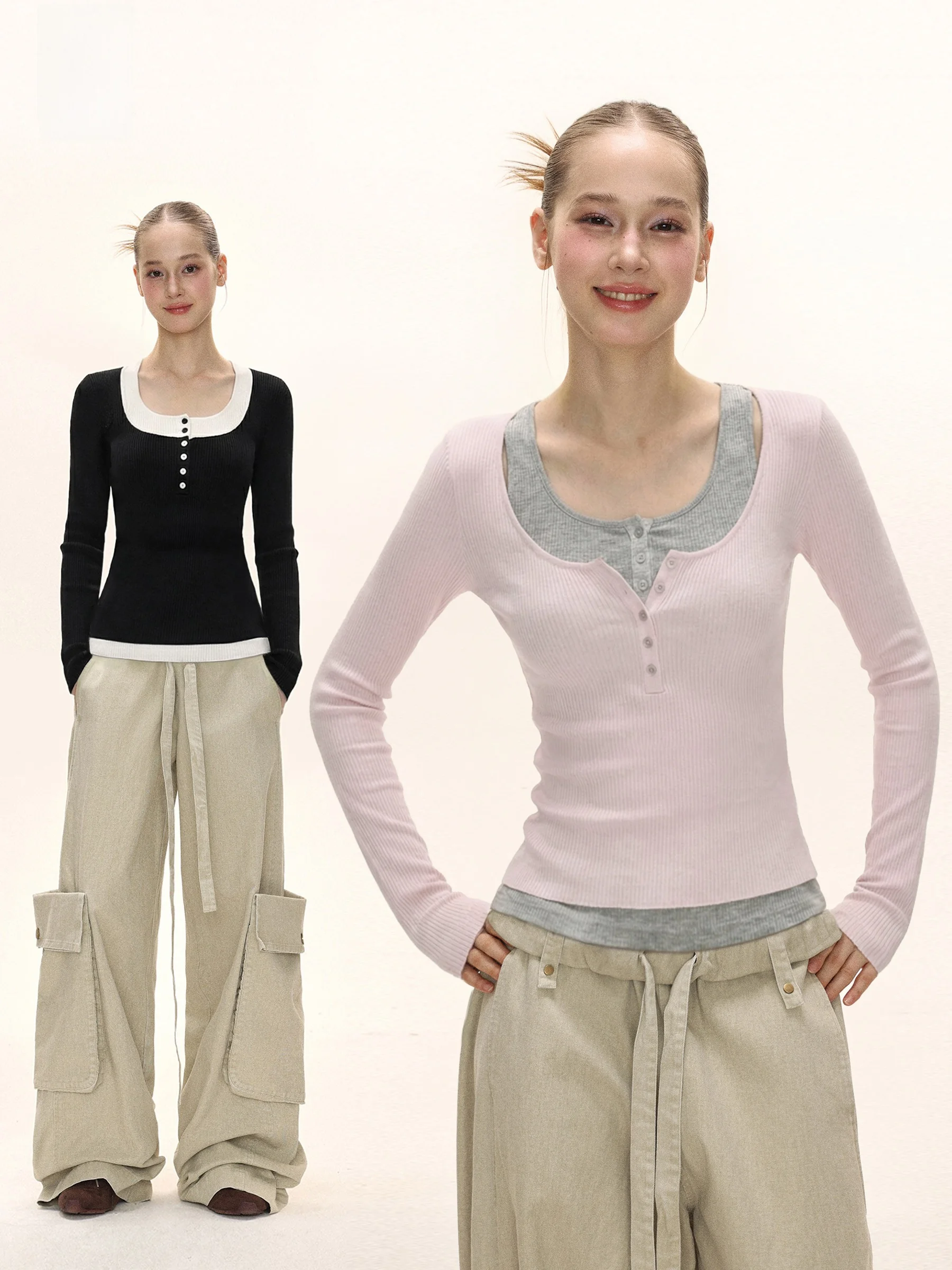 

American Sle Long Sve Color Blo Base irt T-irt Women's Slim Fit Inner Wear Top Striped Pattern round Ne Knitted ...