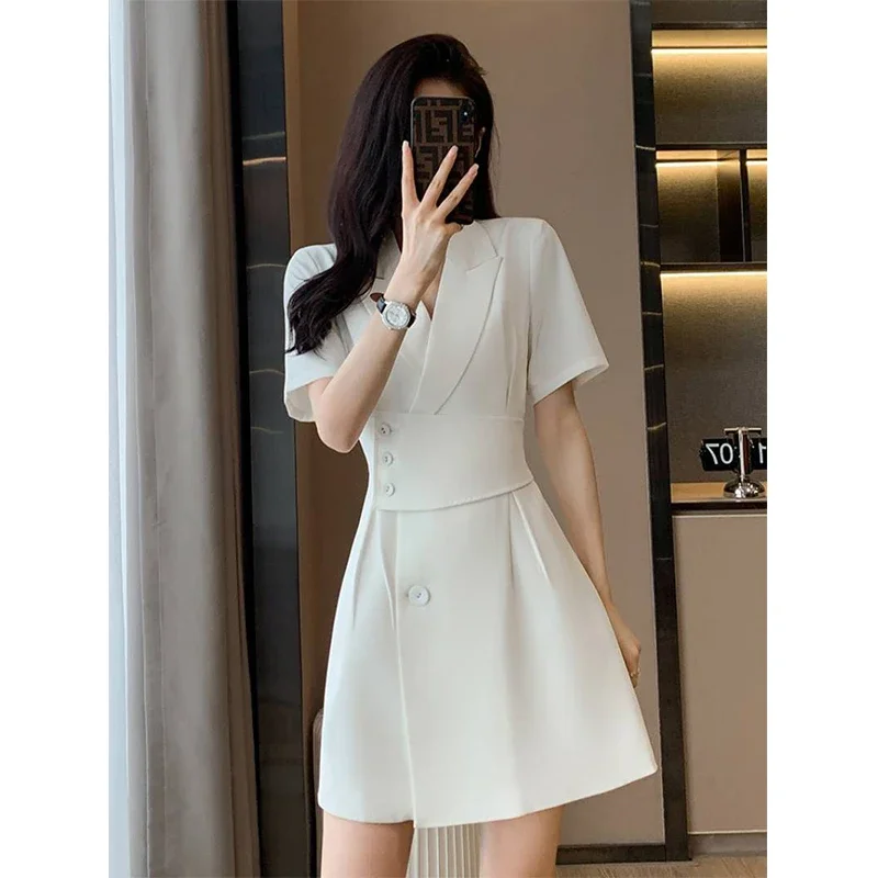

Summer New Office Lady Elegant Fashion Waist Dress Femme Short Sleeve Temperament Solid Robe Vestidos Women's Clothing E6997