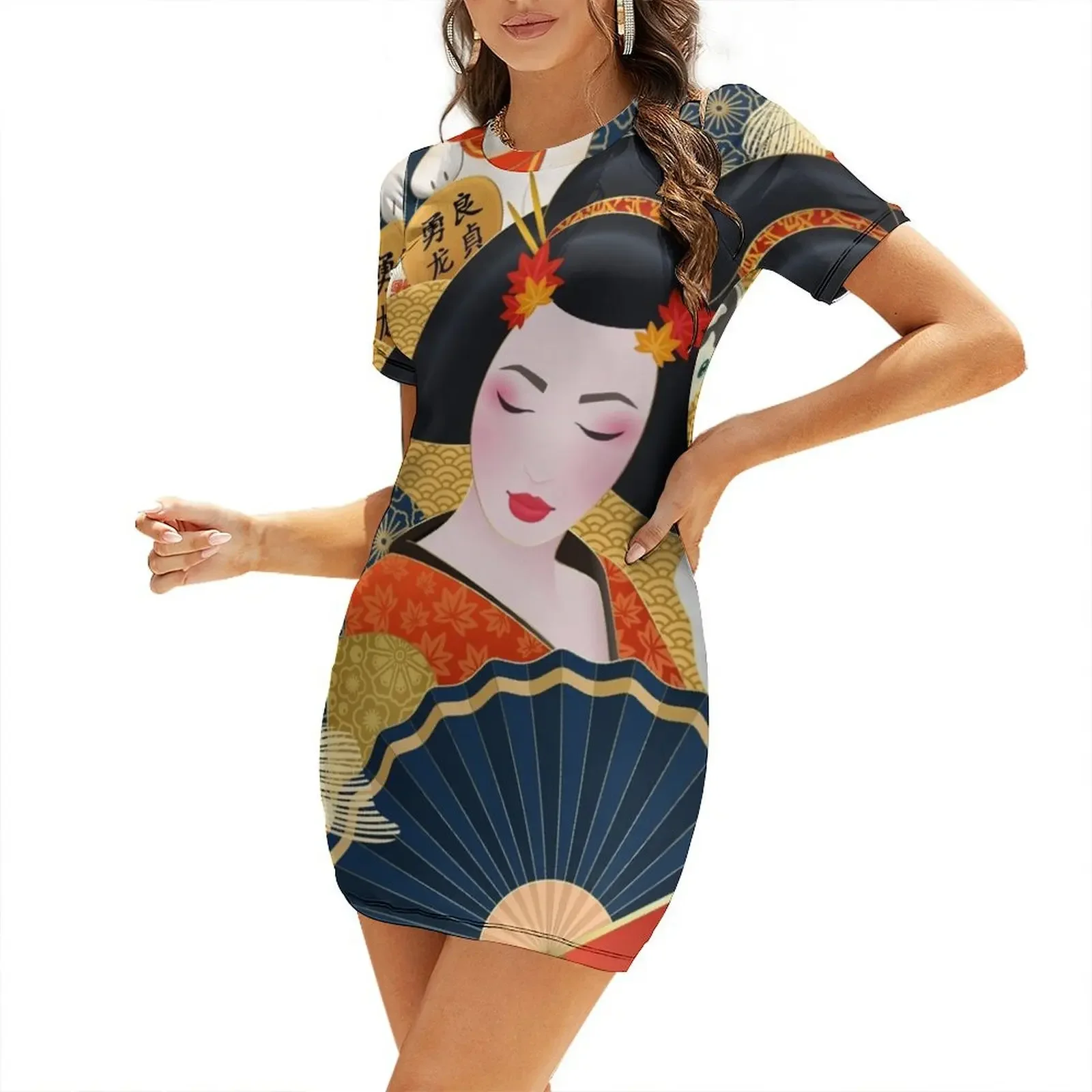 

Japanese Geisha Colorful Art Short-Sleeved Dress Women's clothing woman dress sexy short dresses daring