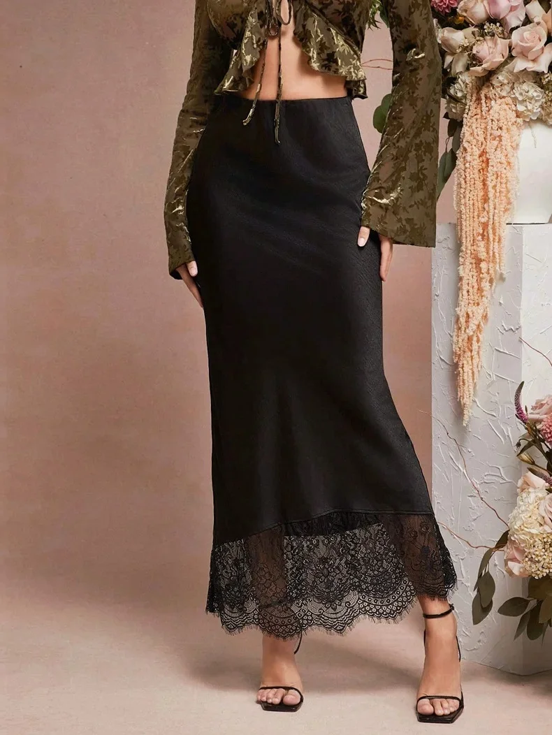 

Women Patchwork Lace Skirts 2025 New High Waist Slim Hollow Out Maxi Skirts Autumn Brown Fashion Party Club Boho Skirt