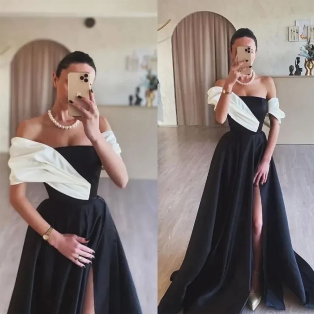 Luxury Black White Contrast Color Women Formal Evening Dress Floor Length Sexy Side Split Strapless Sleeveless Robes De Soirée