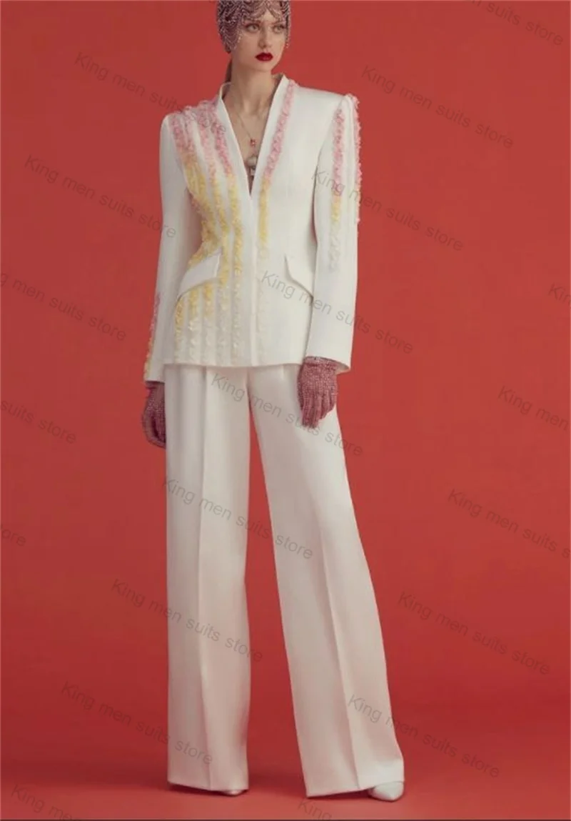 

White Women Suit Pants Set 2 Piece Blazer+Trousers Customized Formal Office Lady Jacket Colorful Stripe Wedding Tuxedo Coat