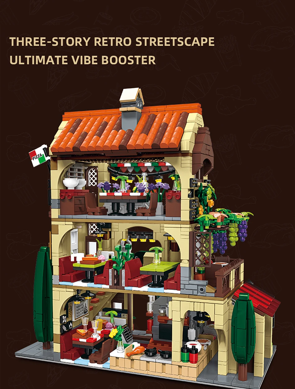 City Series MOC 1962pcs Pizza Shop Model Building Blocks DIY Pizza Restaurant Bricks Toys Gifts For Men Boy Desktop Ornament