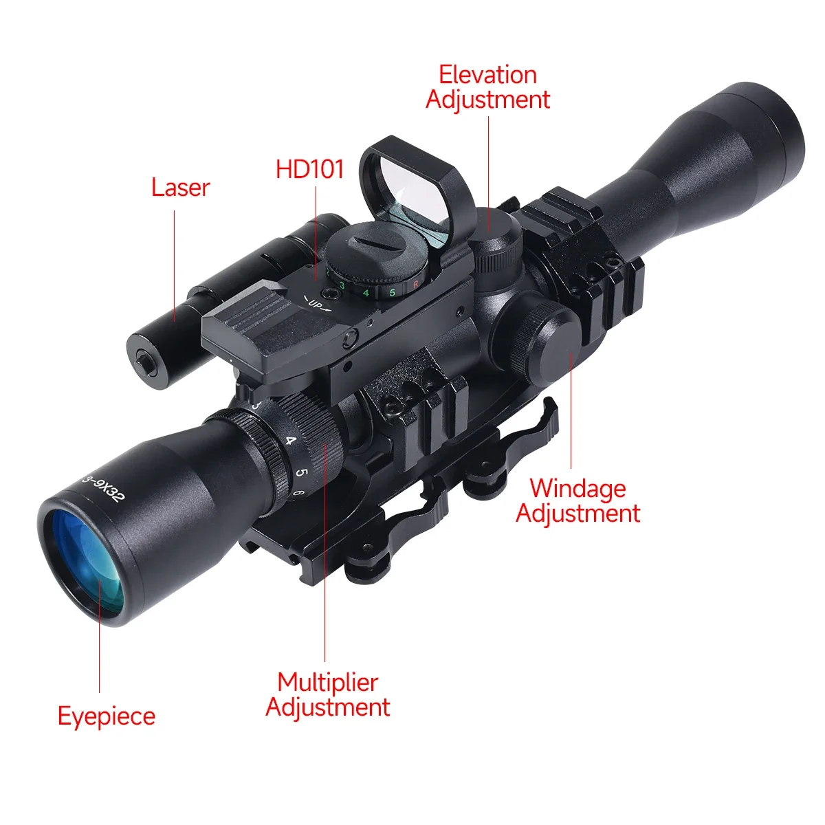 3-9x32 Tactical Cross Reticle Illuminated Optic HD Airsoft Sight with HD101 4 Grids Red Dot Sopce and Red/Green Laser Combo