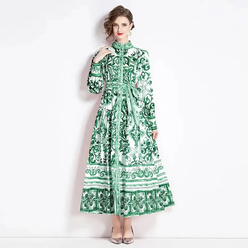 Autumn Holiday Print Yellow Floral Maxi Dress Women\'s Single Breasted Loose Lace Belt Red Blue White Porcelain Long Robe Vestido
