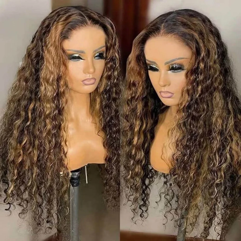 Kinky Curly Lace Front Wig, Destaque Ombre Brown, Peruca Sintética de Renda Frontal, Mel Loiro, Onda Profunda, Peruca Pré Arrancada, 13x4