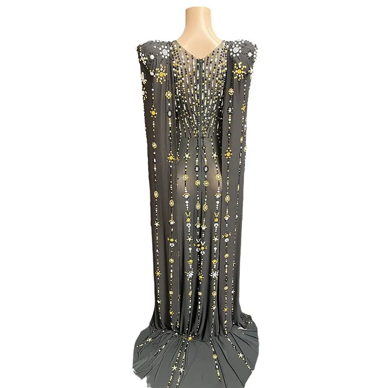 Birthday Party Stage Performance Long Sleeve Shiny Diamond Black Ladies Sexy Mopping Evening Dress Women's Evening Festive Dress