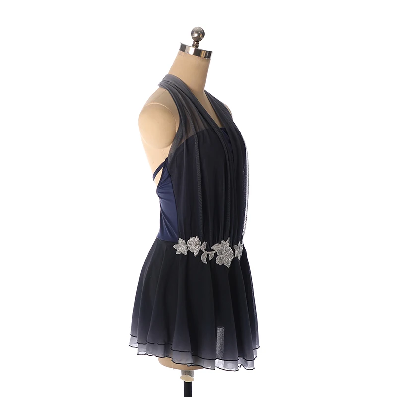 Nasinaya Figure skating outfit, ice skating outfit, performance outfit, sleeveless navy blue mesh, gradient silver flow view 6