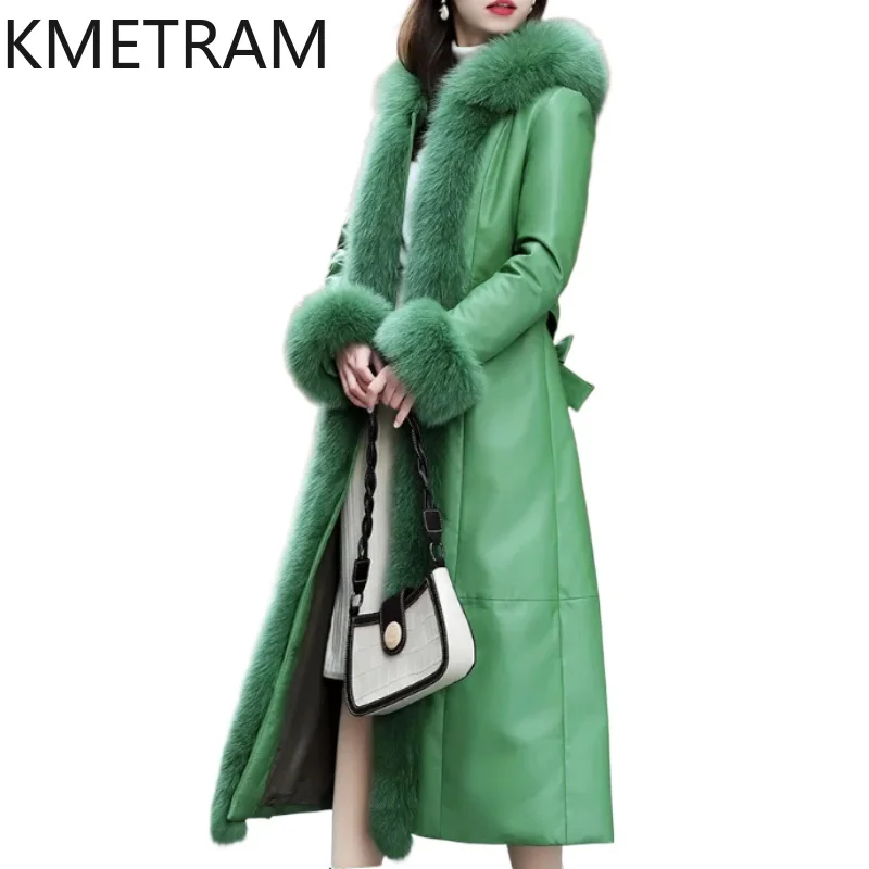 KMETRAM 100% Sheepskin Down Coats Woman Green Genuine Leather Long Puffer Jacket with Hood Fox Fur Collar 2025 Winter Clothes