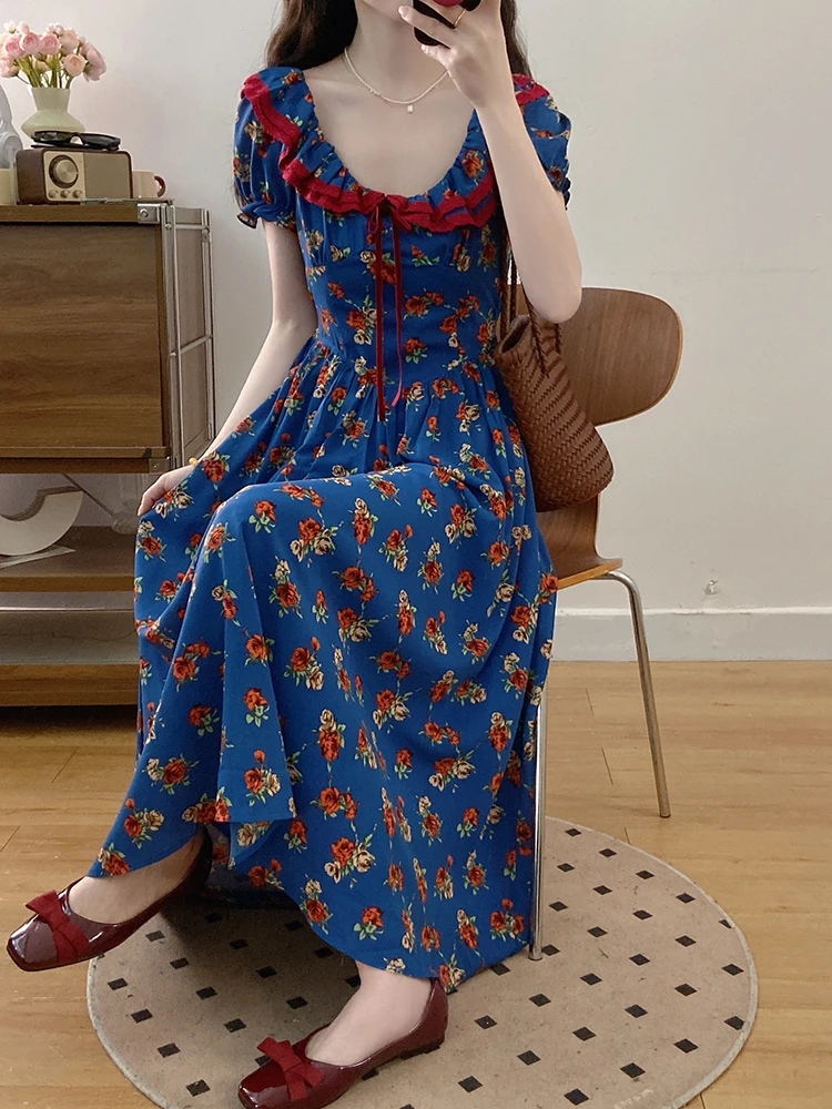 French Retro Ruffled Collar Floral Blue Patchwork Dress For Women Slim-fit Pastoral Fairy Tea Party Dress Oversize For Summer