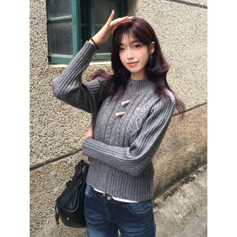 

Корейский вязаный кардиган в стиле ретро, женский осенне-зимний жаккардовый свитер на пуговицах с рогами, куртка, свободный топ в студенческом стиле