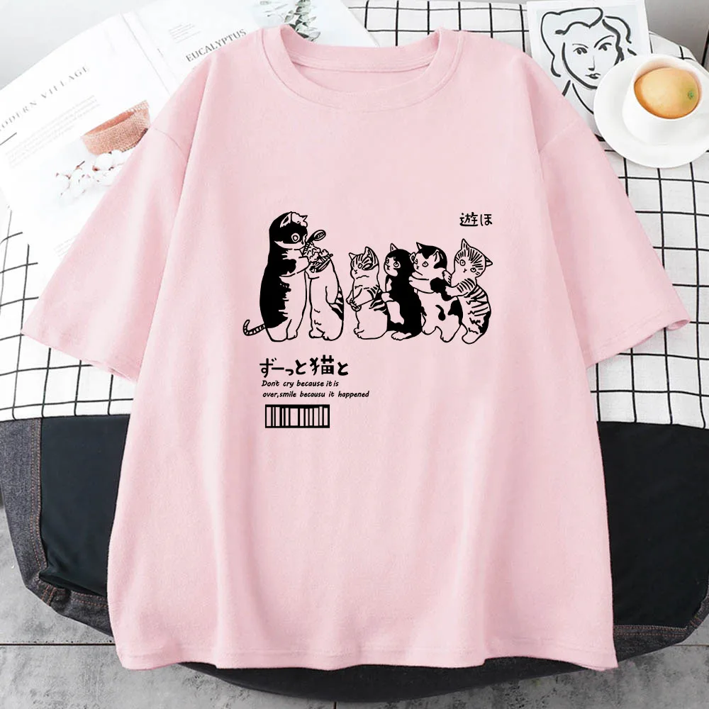 Japanese Kanji Cat 100% Cotton Oversize T Shirt Short Sleeve Women\'s Tops 2023 Summer Couples Loose Fashion Tees Korean Style