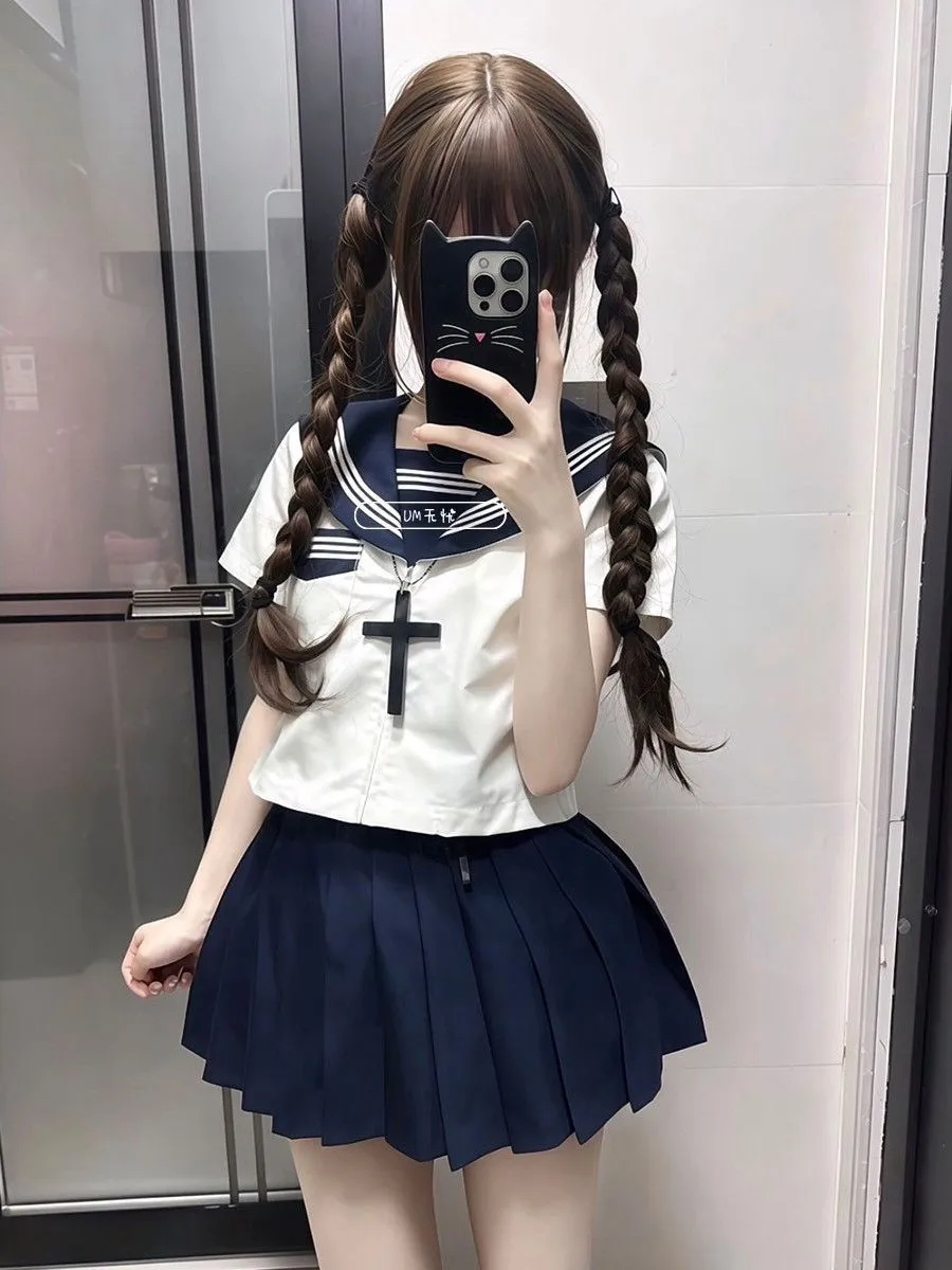 Original Improved White Three-Part JK Uniform School Style Set Top Basic Sailor Suit Cute Fashion Set for Women Teenagers