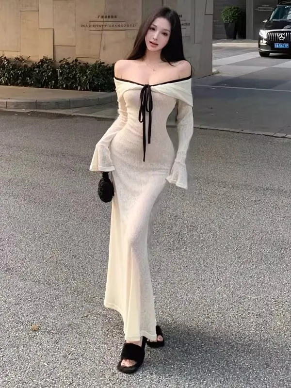 

Сексуальное облегающее длинное платье на одно плечо с расклешенными рукавами, однотонное, с завышенной талией, H-образного силуэта, из полиэфирного волокна, устойчивого к выцветанию