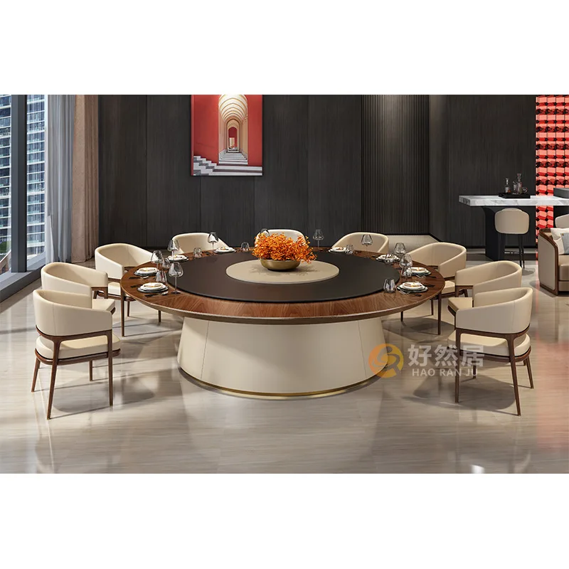 New Chinese solid wood dining table and chair combination electric remote control turntable Hotel dining table club big round ta