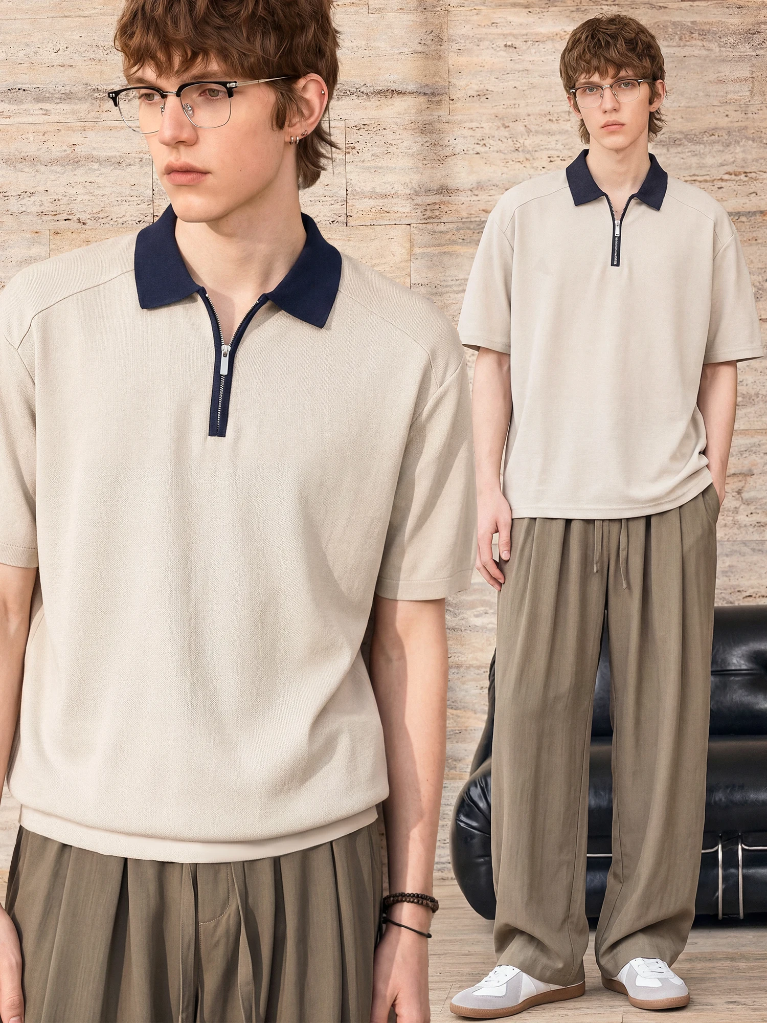 Loose Fit  Shirt Men's Summer Short Sleeve T-Shirt Modal Fabric Half Zipper Color Block Design Dài Bàn Trang Phục