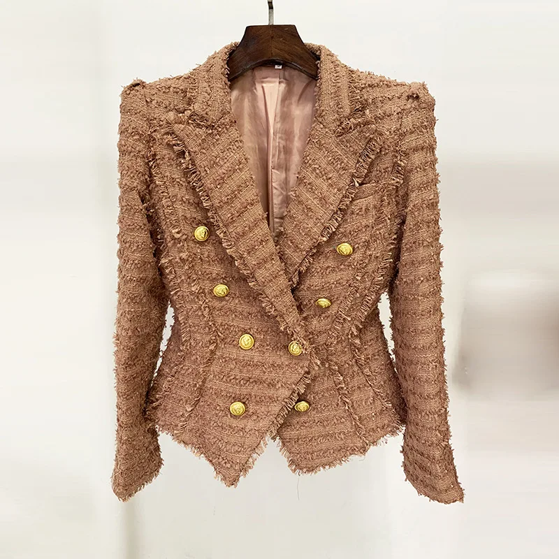 

JAMERARY Autumn/Winter New Tassel Tweed Slim Fit Suit Coat Brown Jackets Women Double Breasted Notched Office Female Tops